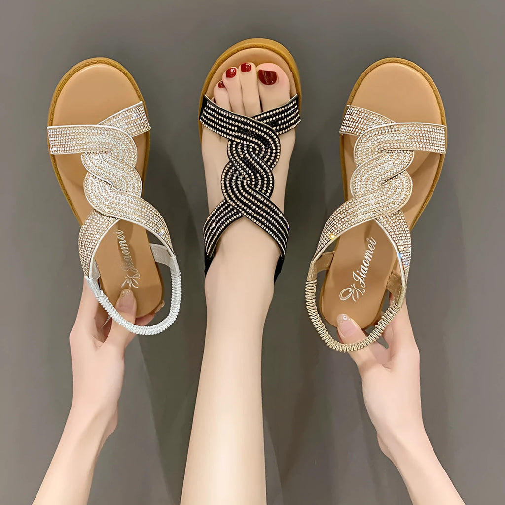 Women's fairy Roman sandals in gold with rhinestone decoration, fish mouth toe, and elastic band