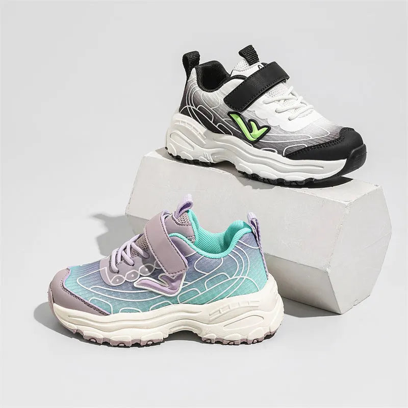 Children's striped casual trainers in black or purple with mesh upper and rubber sole.