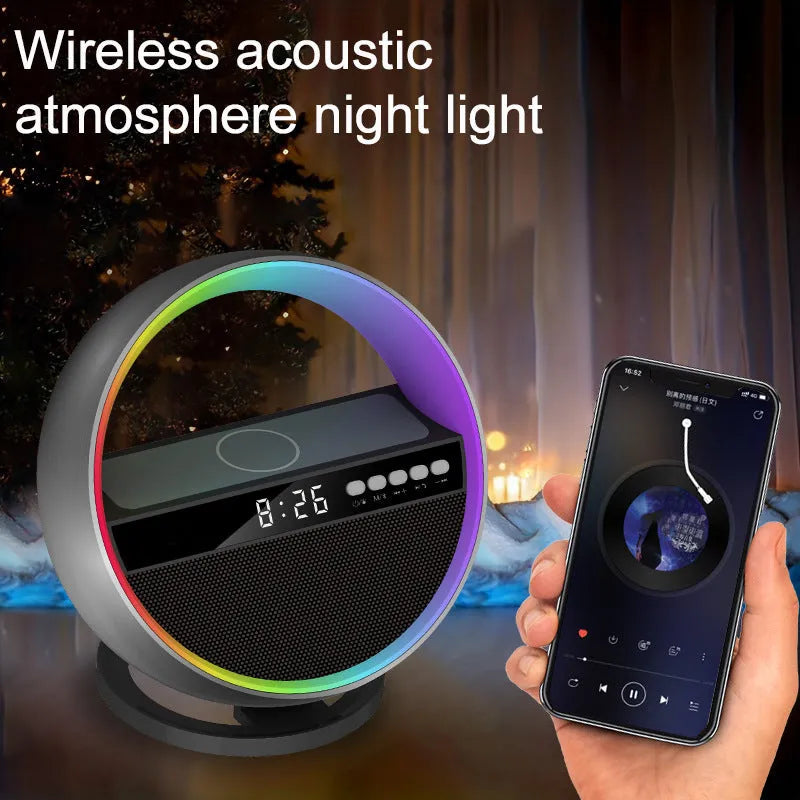 White multifunction RGB night light wireless charger and Bluetooth-compatible speaker, 95x95x126mm, USB powered