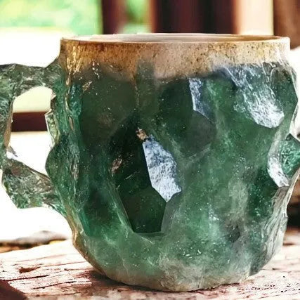 400ml resin mineral crystal coffee mug with handle, 10cm high, purple colour, on a table
