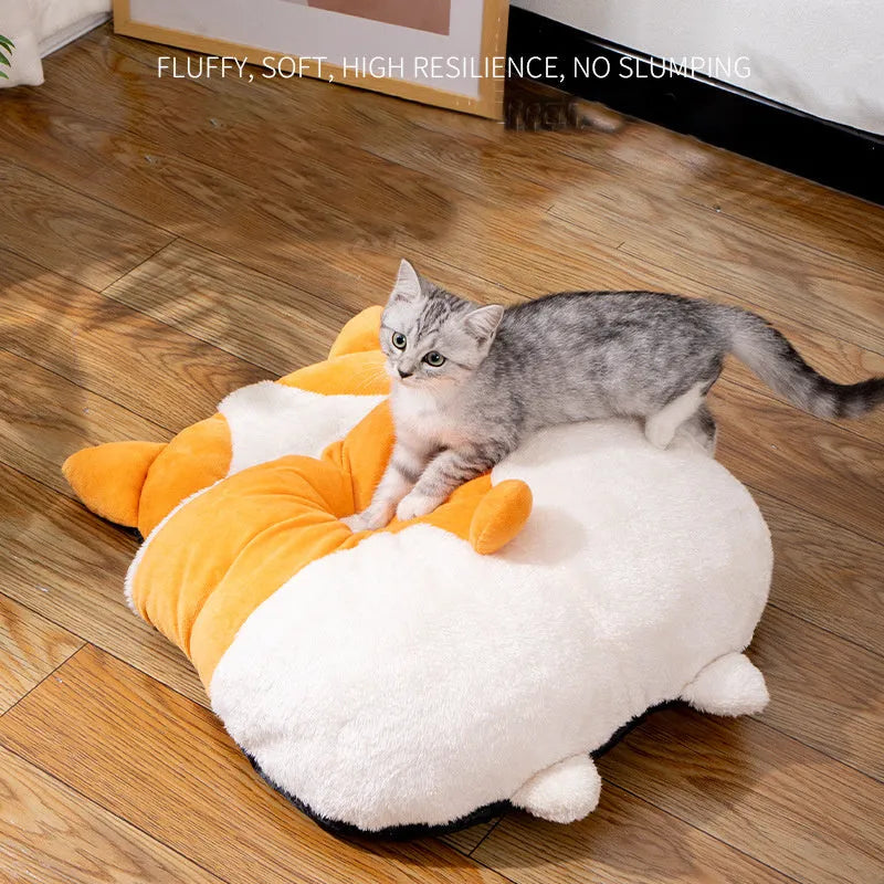 Orange fleece cat sleeping bag with semi-closed nest design, measuring 65cm long