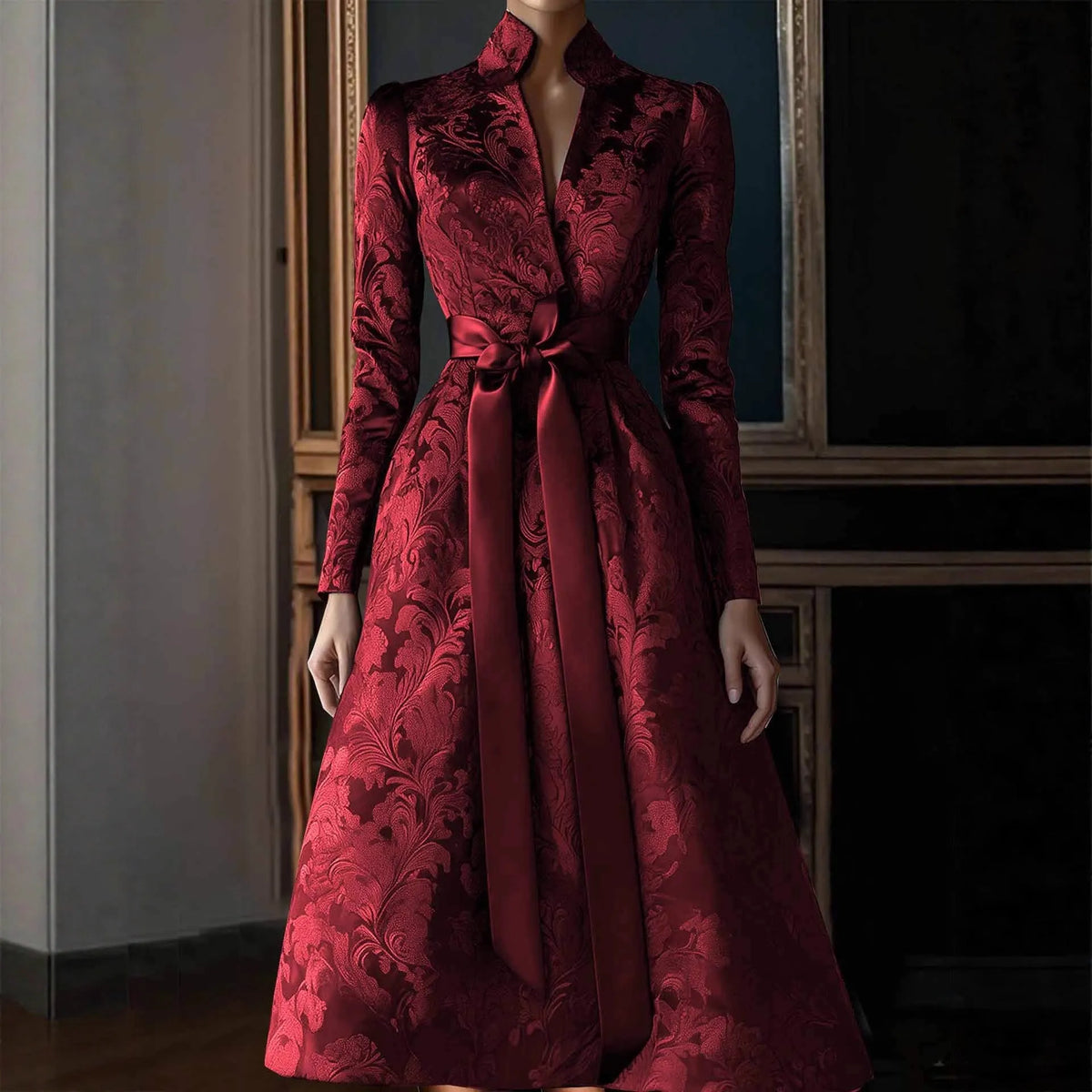 Solid colour long sleeve satin party dress with high waist and stand collar midi length