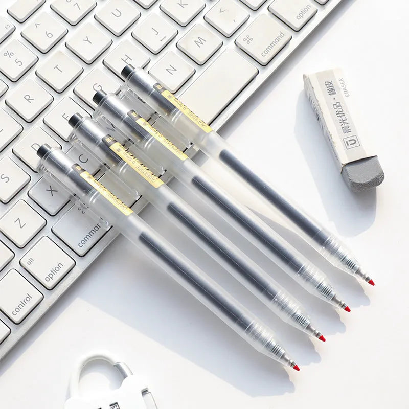 Set of twelve black frosted gel pens with retractable design and 0.5mm tips alongside two spare refills