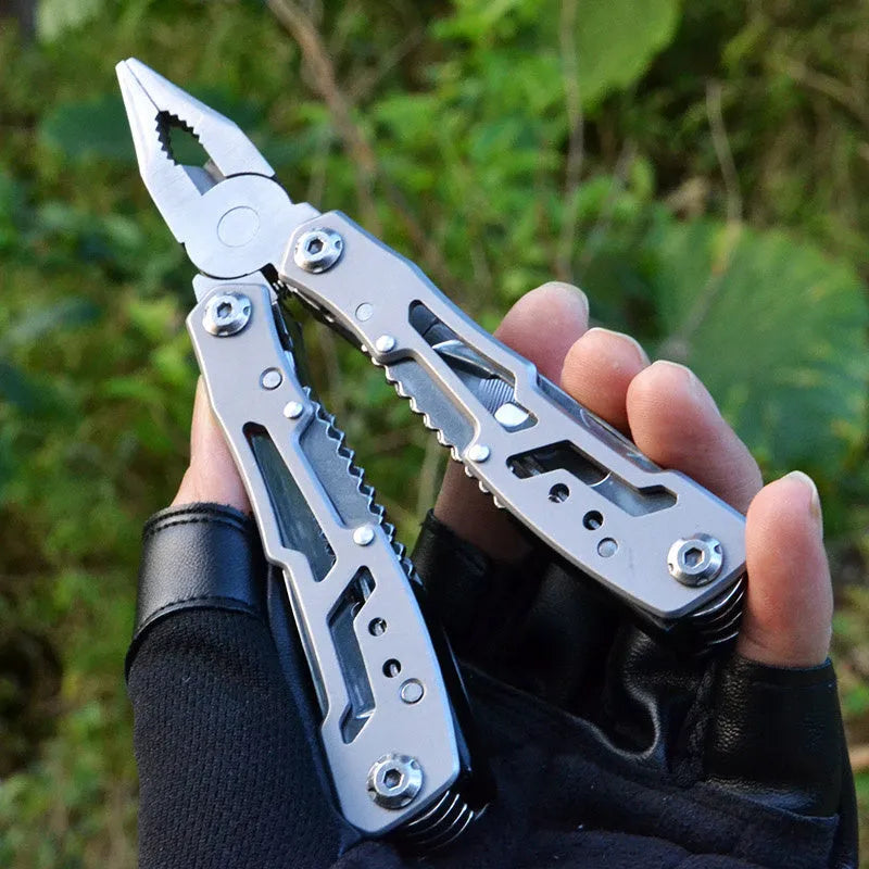All steel multi-function pliers in black and silver grey with 14-in-one functions, 420 steel body, and 15.6cm developed length