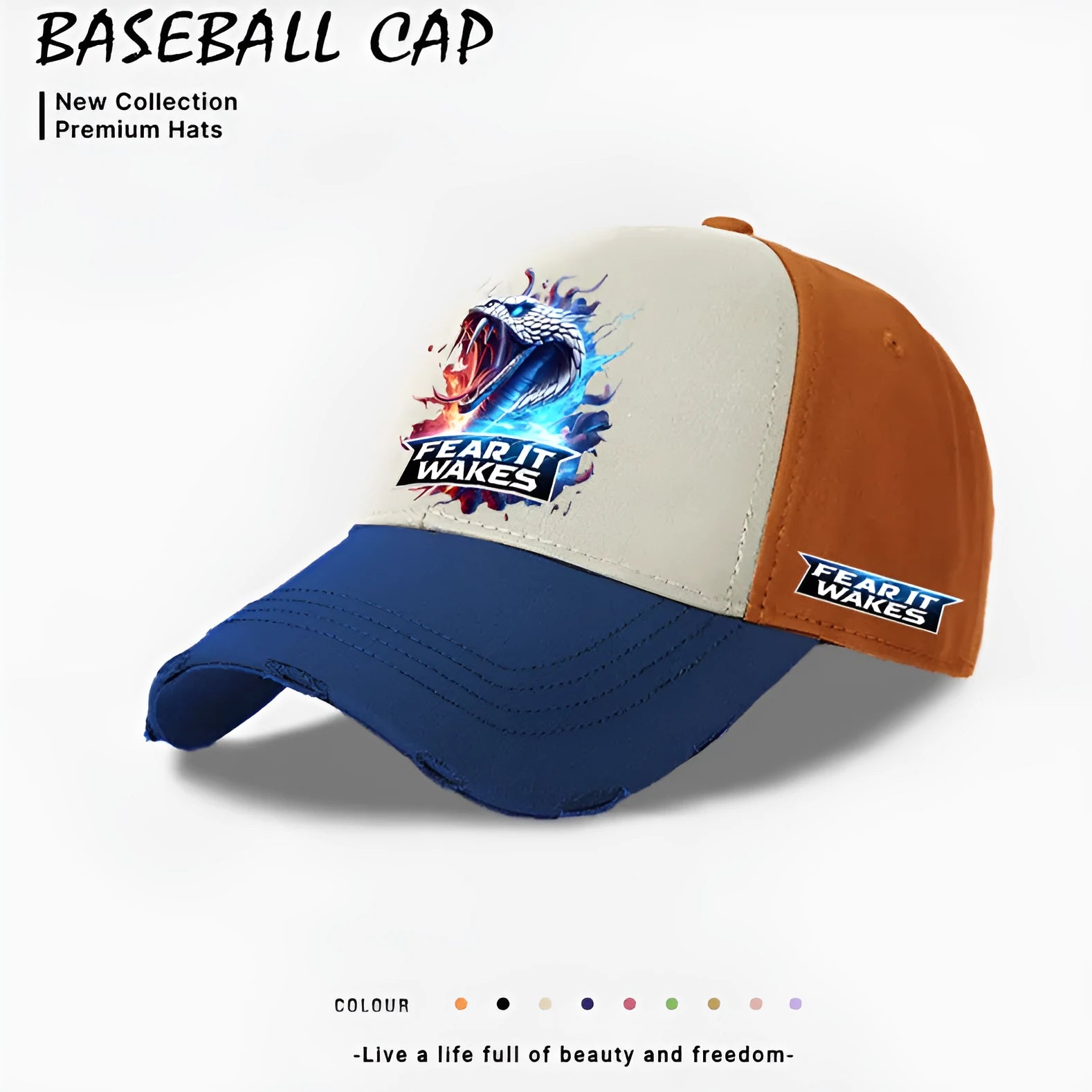 Men's European style baseball cap in polyester available in beige, black, and blue colours