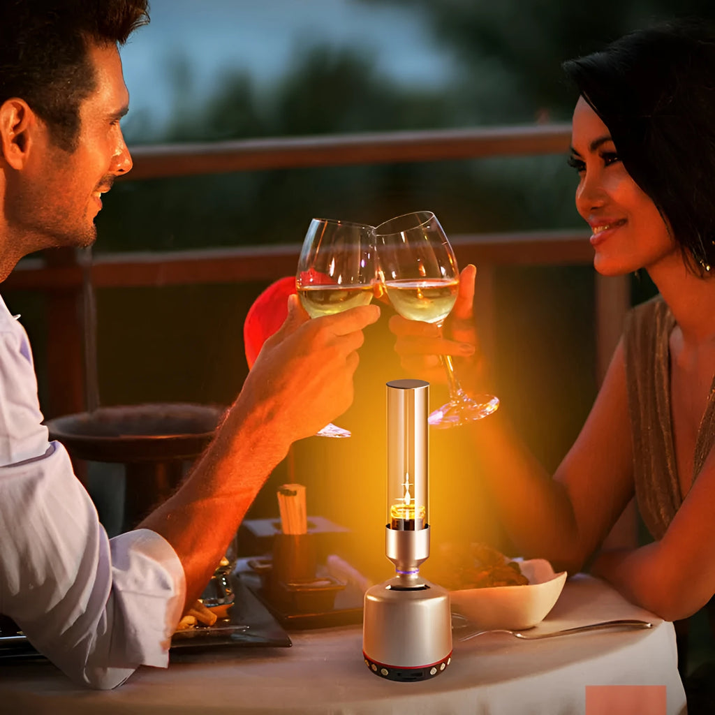 White silver Bluetooth speaker with integrated candlelight atmosphere night light.