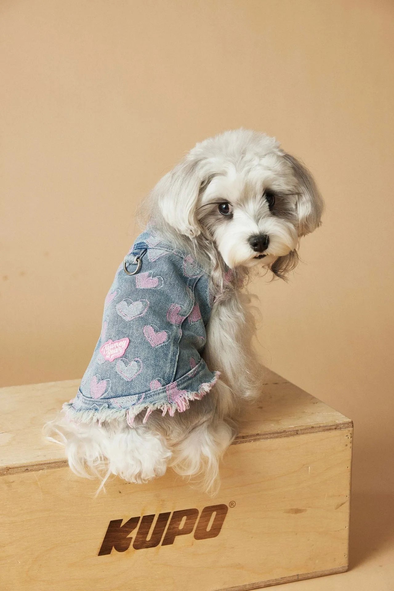 Denim sleeveless dog vest with distressed love design, casual style, available in multiple sizes from XS to XXL.