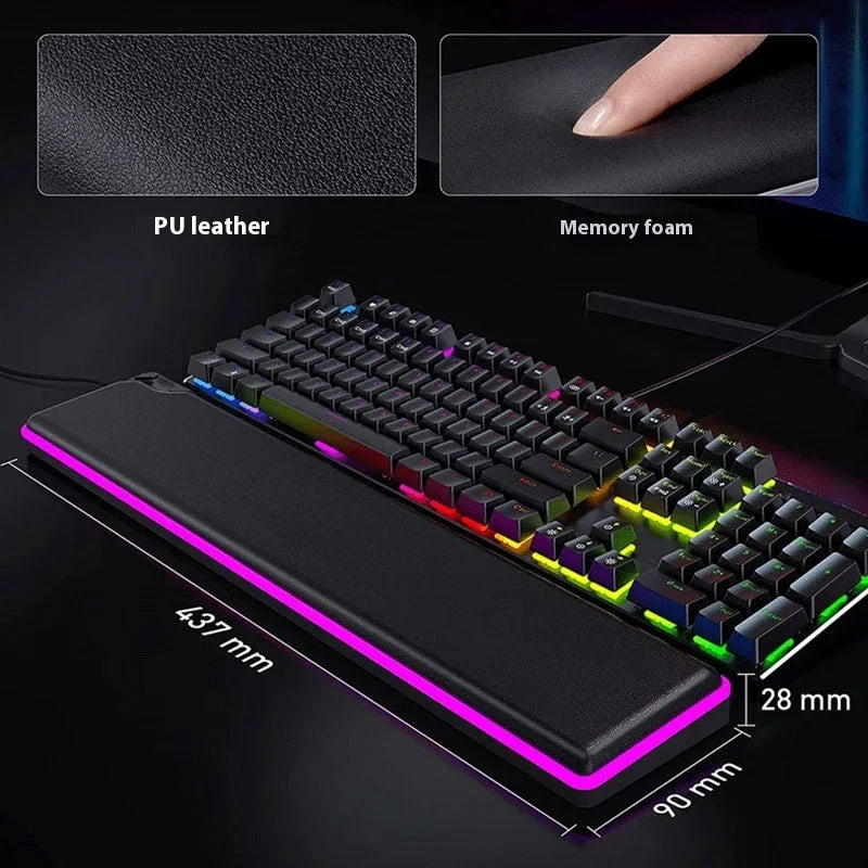 Cowhide keyboard wrist rest with non-slip base on a desk, featuring a black keyboard tray for office typing comfort