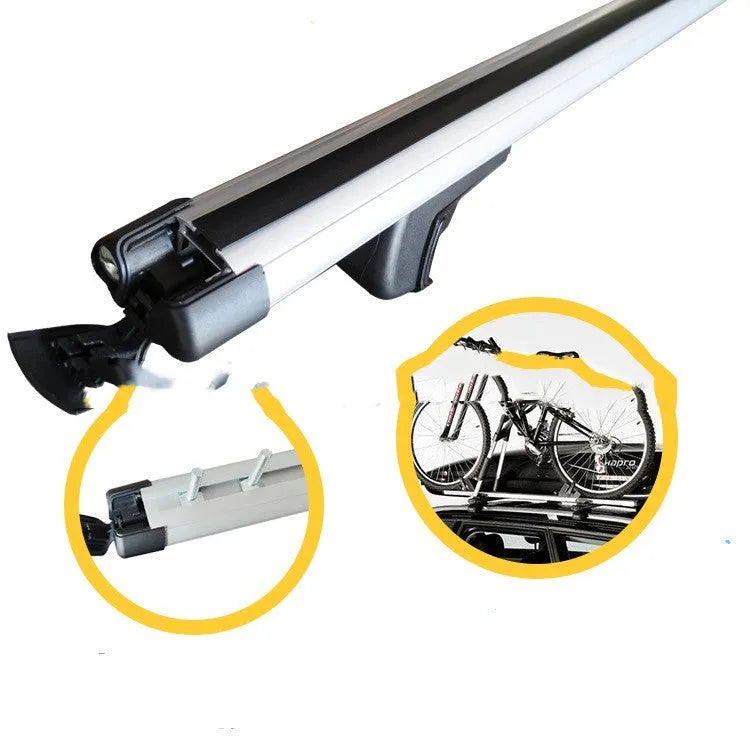 Black alloy GM SUV roof rack cross bars set showing adjustable length on vehicle roof.