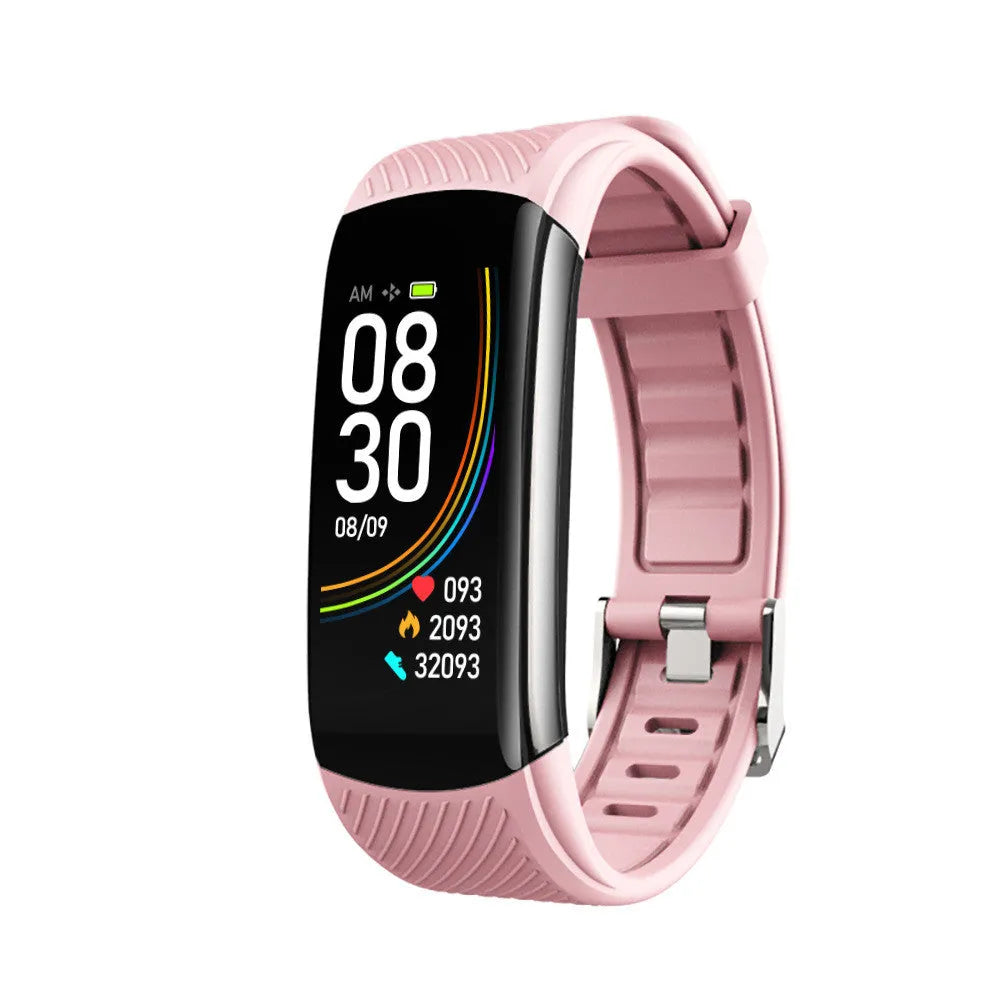 Smart bracelet body temperature monitor with 0.96 inch screen and TPU wristband in black, blue, pink, red, or white.
