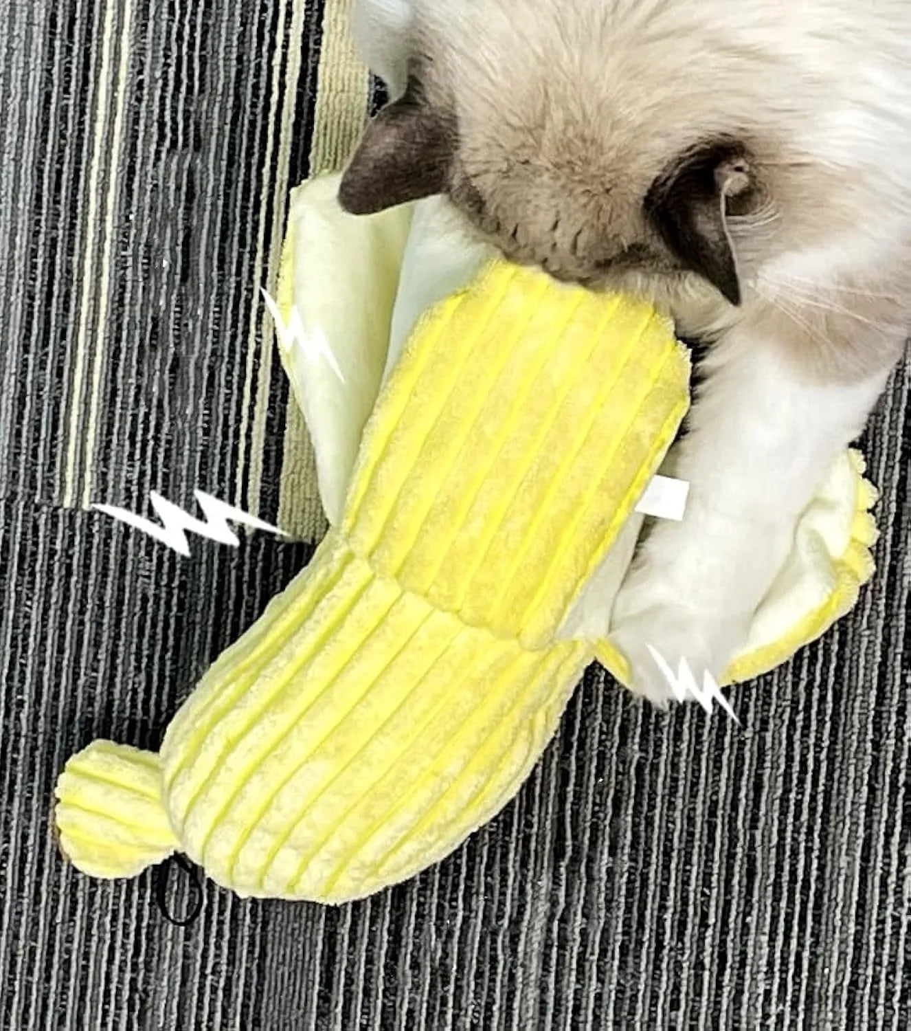 Yellow banana-shaped cat toy with crinkle sound element for interactive feline play