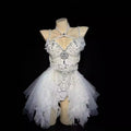 White Princess full diamond pearl tassel high waist bikini set with floor-length skirt in spandex