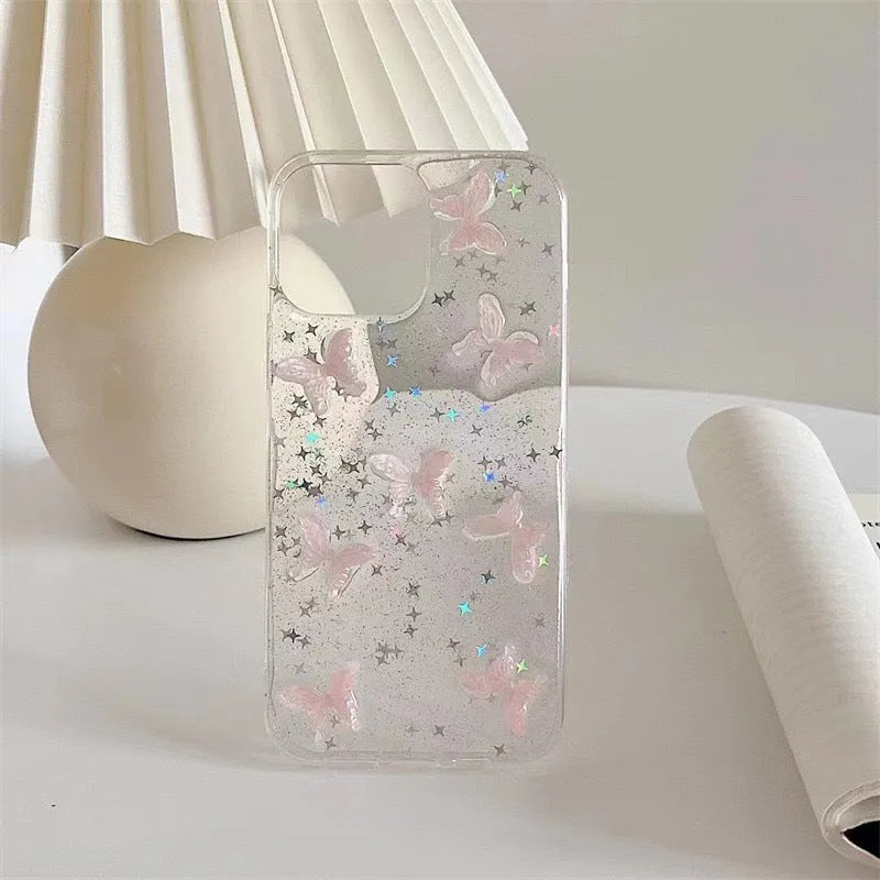 Butterfly pink ins style phone case with transparent TPU soft shell and 3D butterfly design for iPhone.