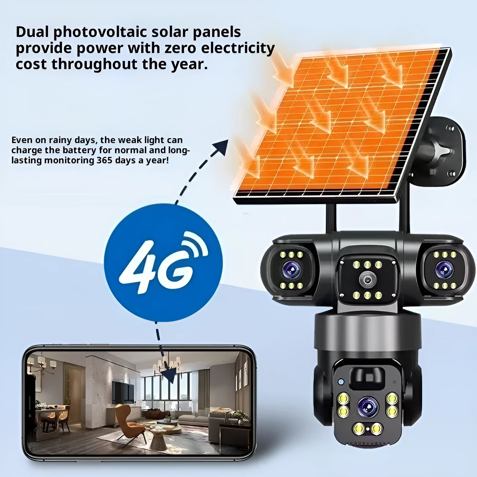 Solar Powered Security Camera No Plug In Required 4MP 1080P Full Colour Night Vision IP66 Waterproof ABS Material 355 Degree Rotation 90 Degree Tilt TF Card Cloud Storage Light Load Gimbal Outdoor Surveillance