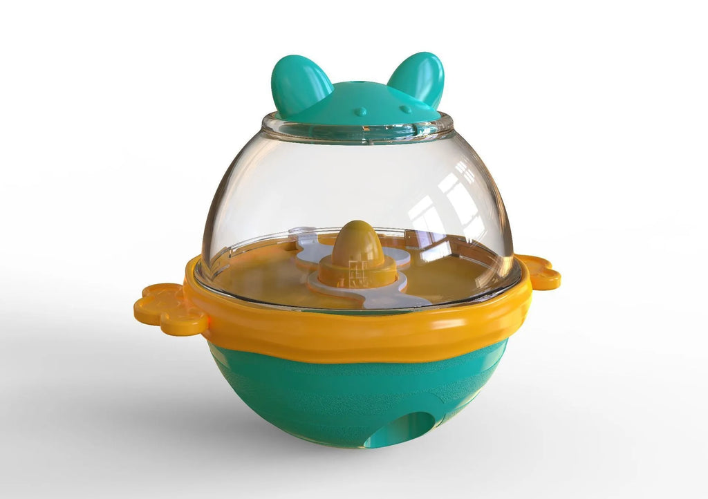 Yellow TPR dog food feeder tumbler toy with measurements 11.2 x 13.9 x 12.2 cm for slow feeding enrichment