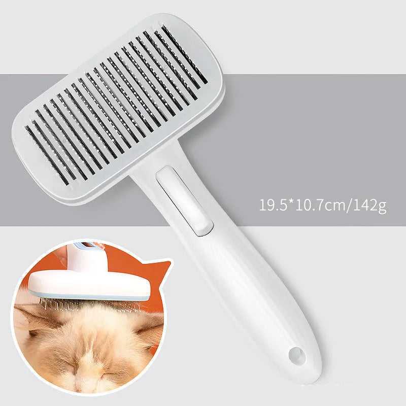 Automatic pet hair removal comb for dogs and cats showing colour options and compact size