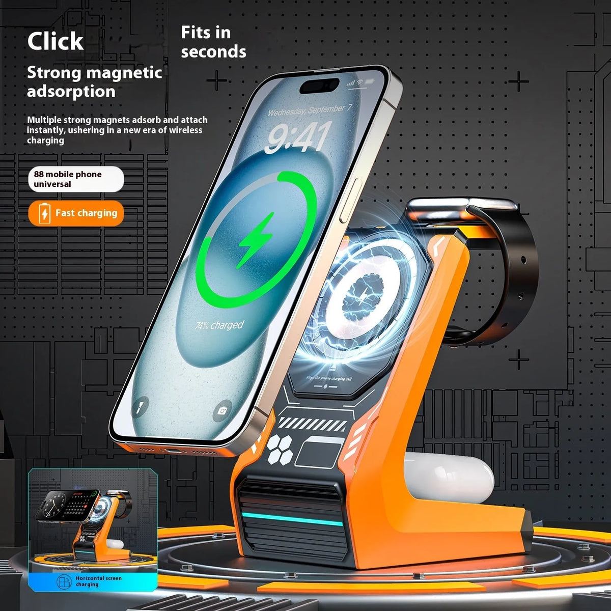 Magnetic three-in-one wireless charger stand in beige holding a phone watch and earbuds on a desk