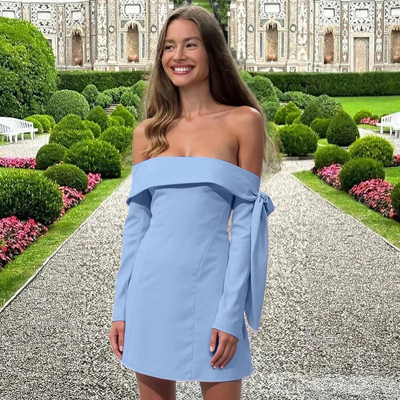 Off-shoulder slim-fit long-sleeved dress in pink with polyester fabric and short skirt length