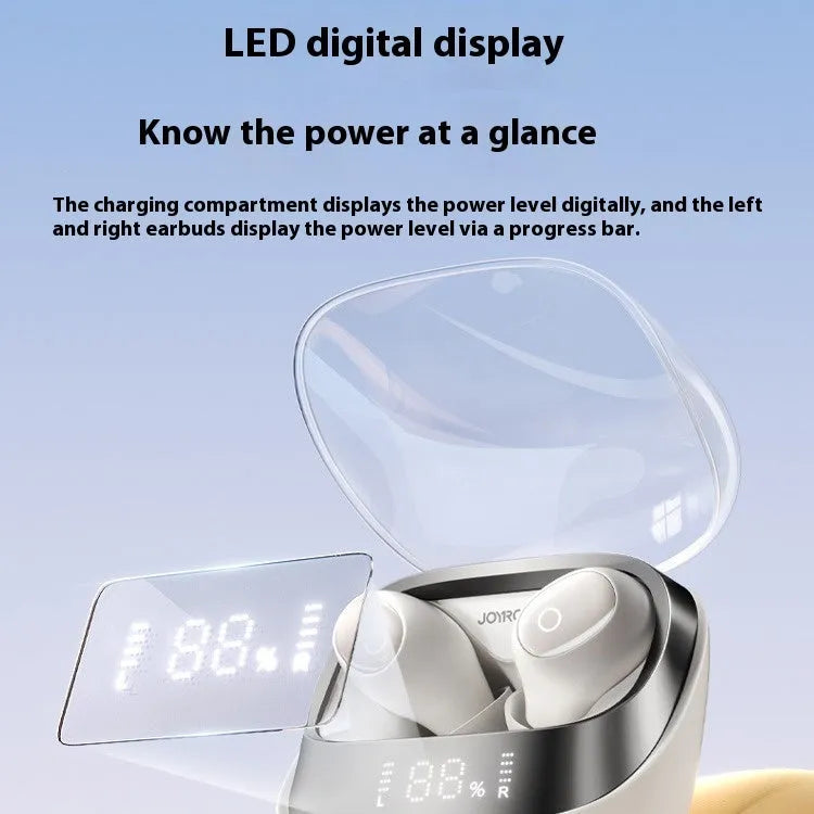 Dawn White wireless Bluetooth earbuds with charging case on a grey background.