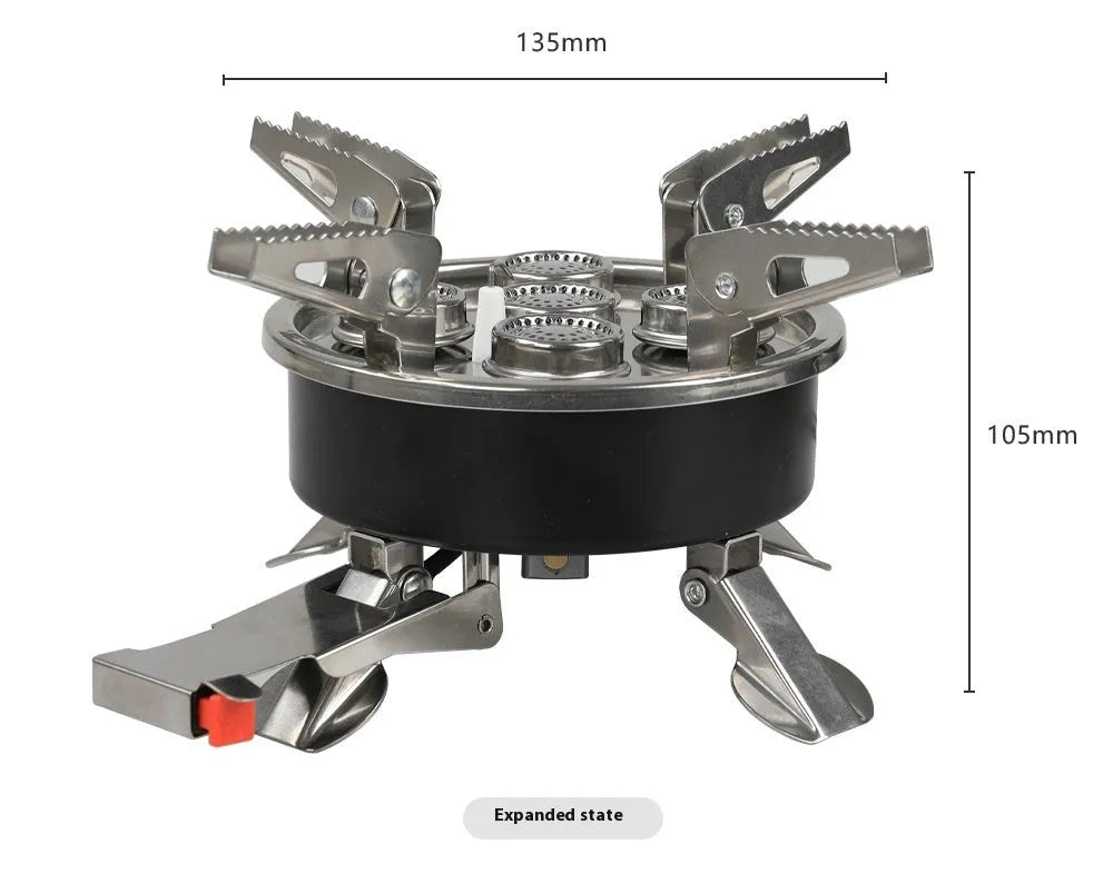 Silver portable stainless steel split camping stove with a long hose, shown folded.