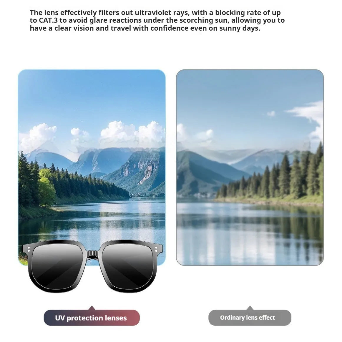 Black AI smart glasses with Bluetooth for audio and built-in UV protection sunglass lenses