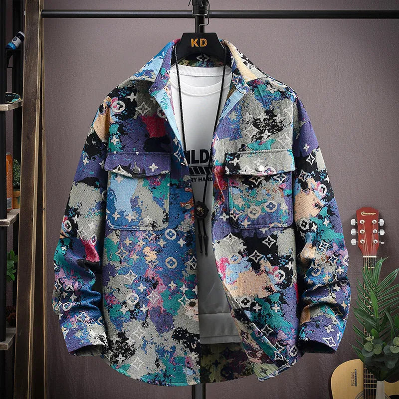 Casual lapel shirt coat in polyester fibre, shown in a colour option like blue or black, with long sleeves and a straight hem.