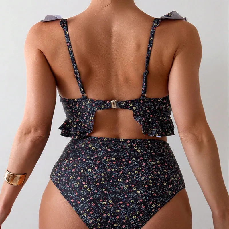 Women's floral flounce split backless swimsuit set in polyester on black background