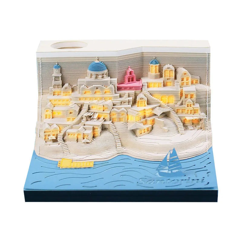 Santoorini 3D paper carving notepad model with LED lights, showing layered beach construction.