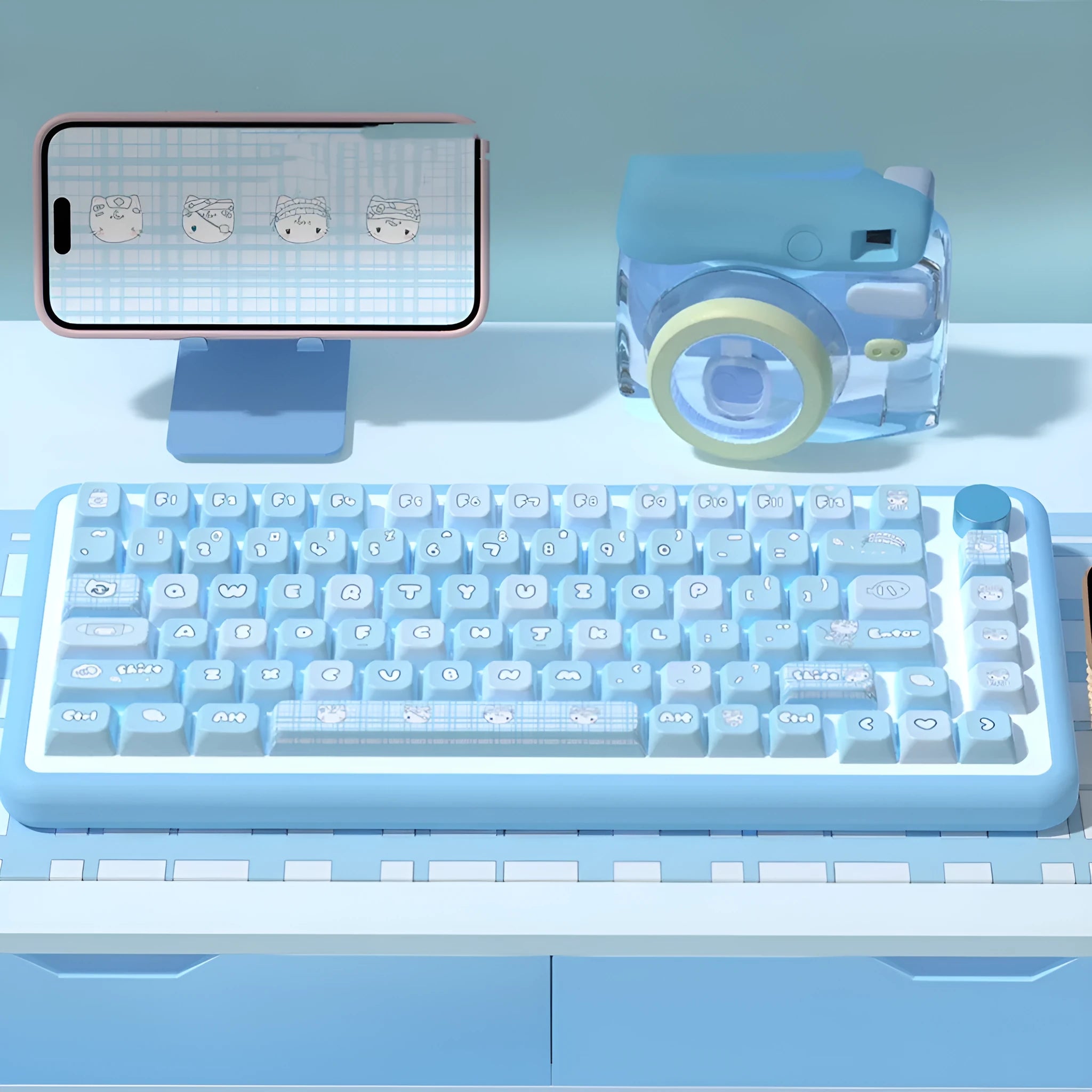 Watercolour cat design custom mechanical keyboard keycaps in a full 138 or 158 key set.
