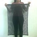 Black mesh drawstring storage bag with a 5mm grid, shown in three available sizes for children's water toys.