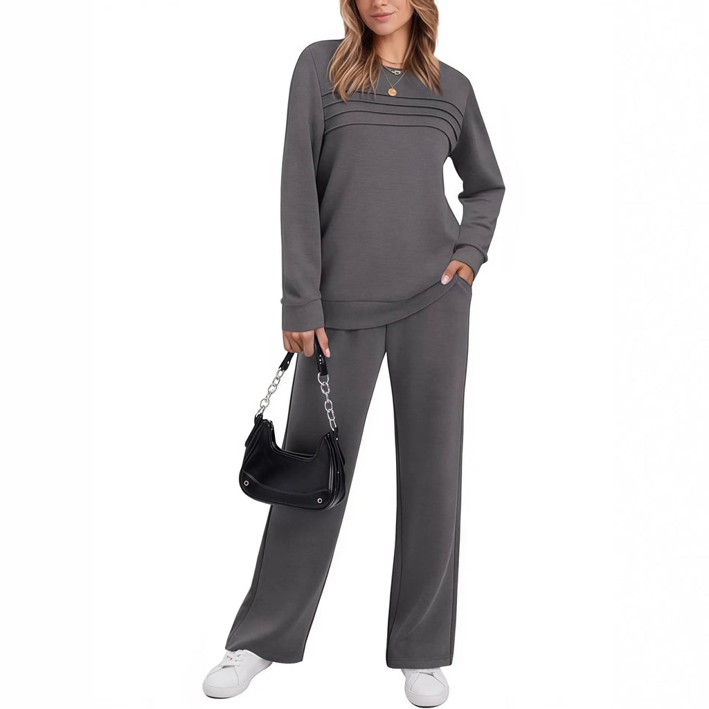 Casual women's long sleeve drawstring solid colour commute suit set in solid colour, polyester fabric, five colour options.