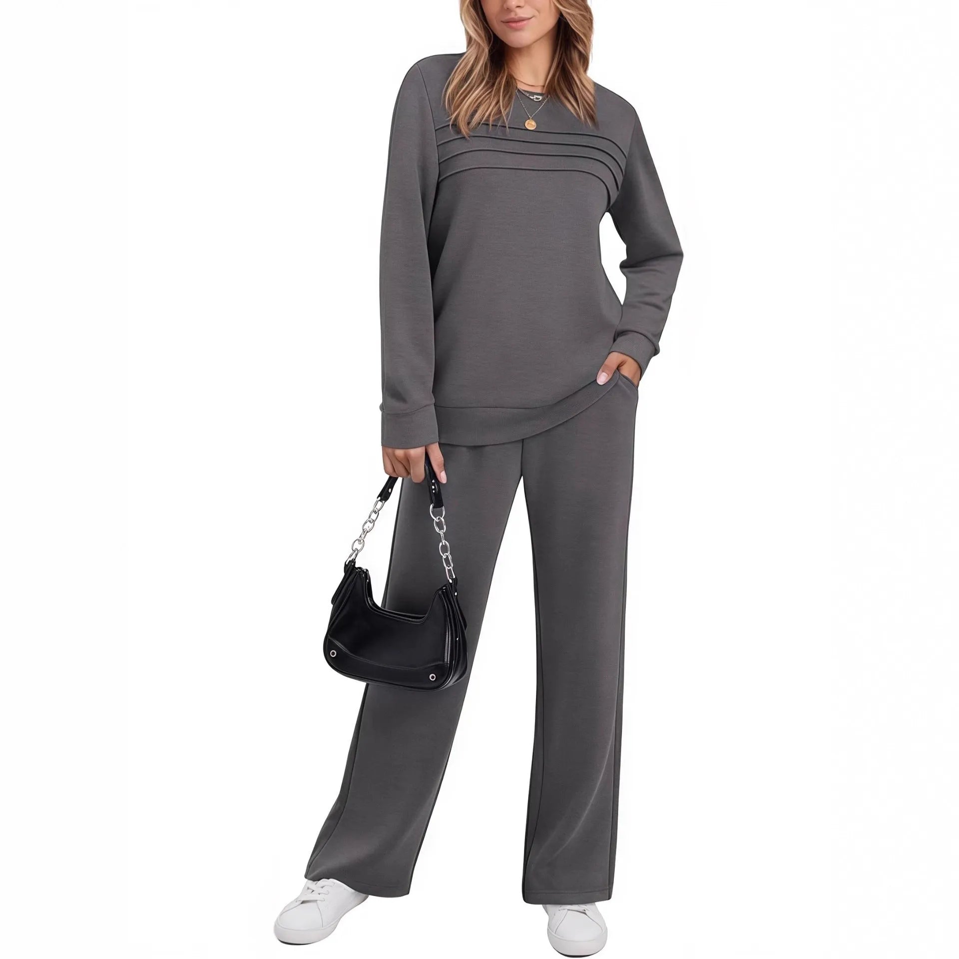 Casual women's long sleeve drawstring solid colour commute suit set in solid colour, polyester fabric, five colour options.