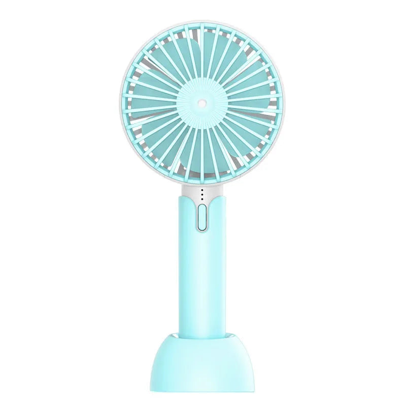 Blue USB-powered mini desk fan with three-speed settings and oscillating head on desktop