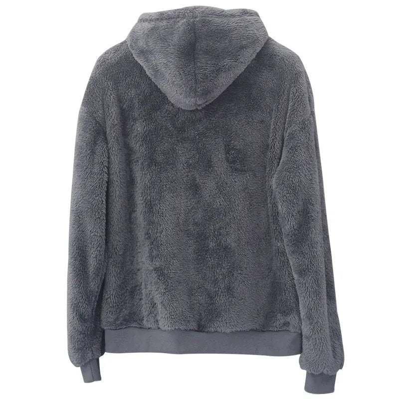 Double-sided velvet hooded sweater for men in plush fabric with side pocket, pullover style, available in multiple colours including navy blue and gray
