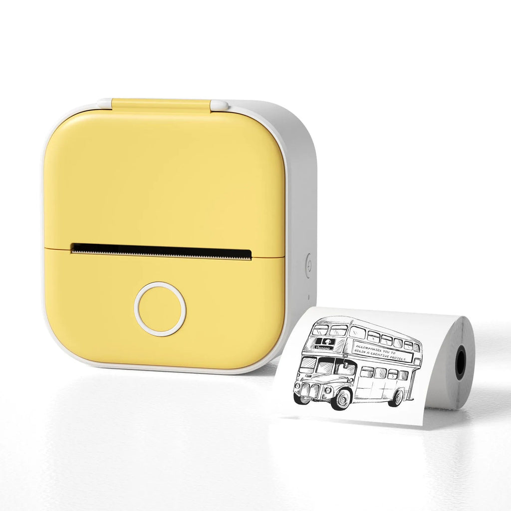 Portable mini thermal label printer in white with Bluetooth, inkless printing, compact 87mm x 90mm x 40mm