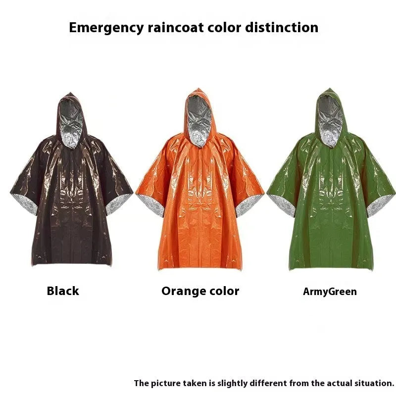 Orange and army green Marathon Wild cross-country raincoat laid flat, showing its 100x130cm size.
