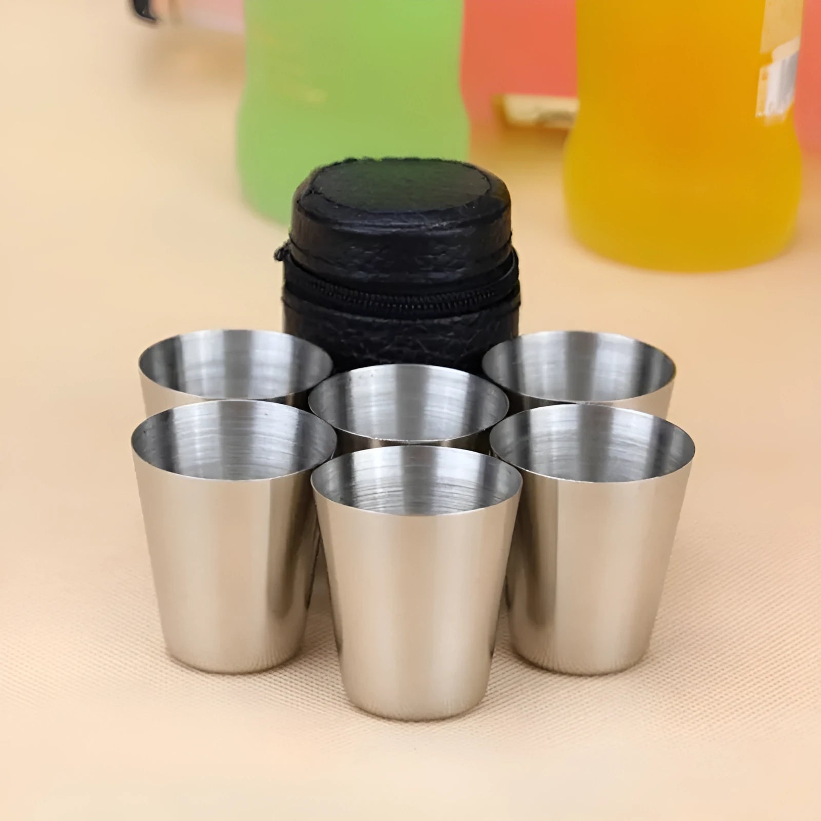 30ml stainless steel shot glass set with six cups in PU leather holder silver finish