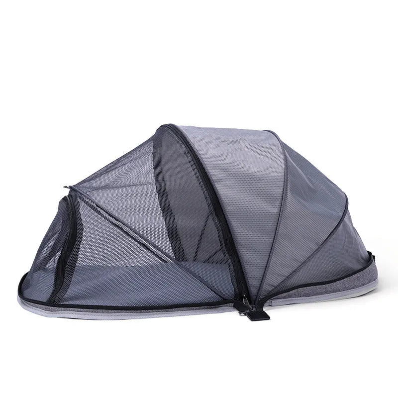 Folding cat tent with mesh panels shown in collapsed and set-up positions