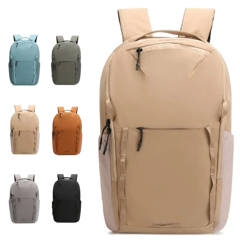 Beige Taslan composite cloth casual backpack with curved shoulder strap on a white background.