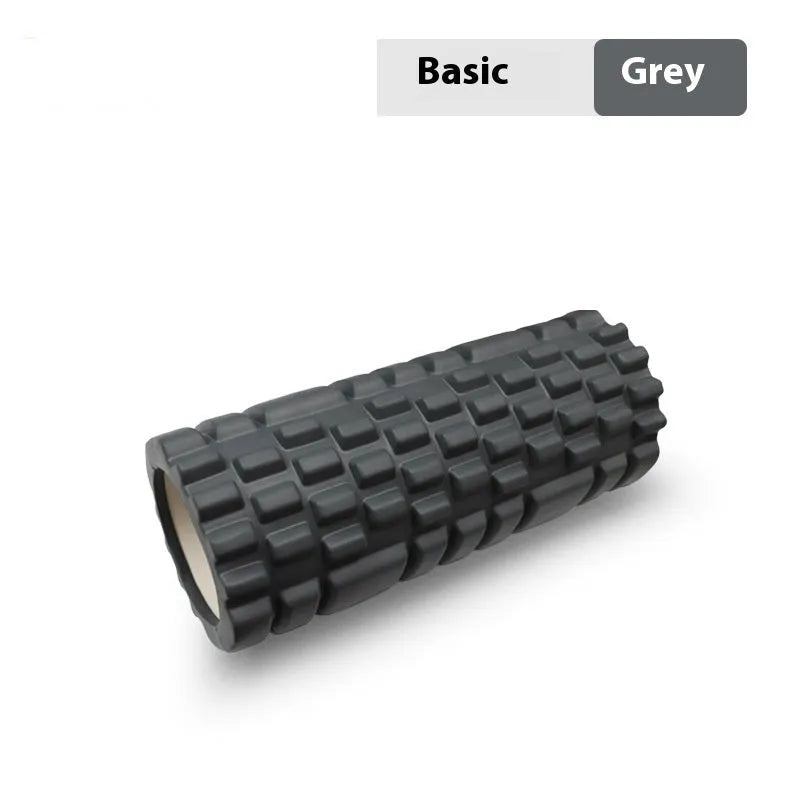 A firm EVA foam roller for fitness and muscle recovery, shown in a selection of colours including pink, blue, and grey.
