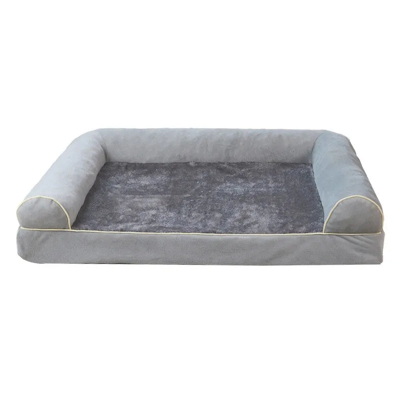 Square dark grey cloth dog bed with sponge filling on a wooden floor