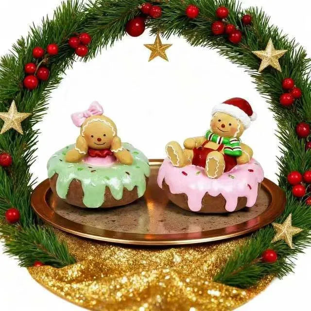 Hand drawn cartoon resin Christmas gingerbread man ornament with green bow design on white background