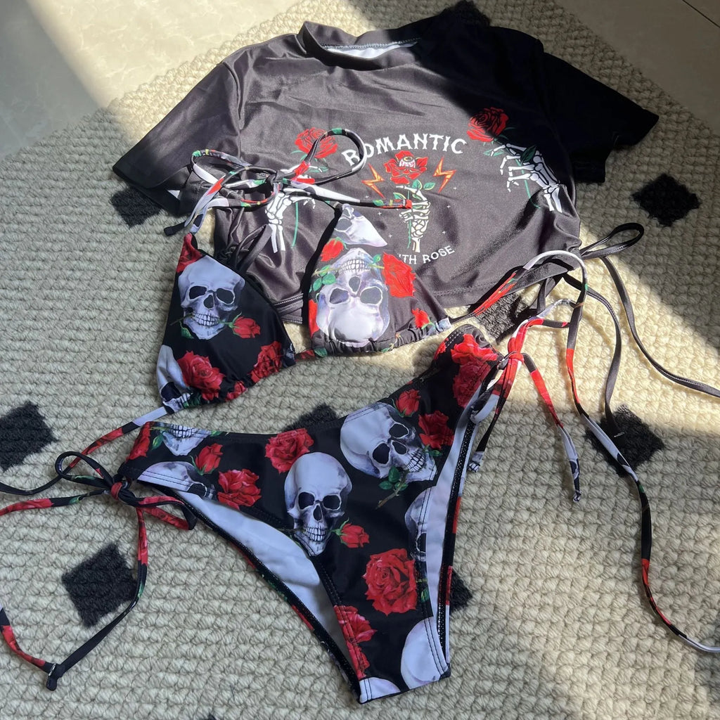 Women's three-piece swimsuit set with skull and rose printed design in red colour