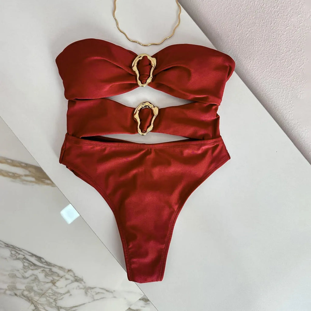 Women's solid colour nylon one-piece swimsuit in black brown or red sizes S M L