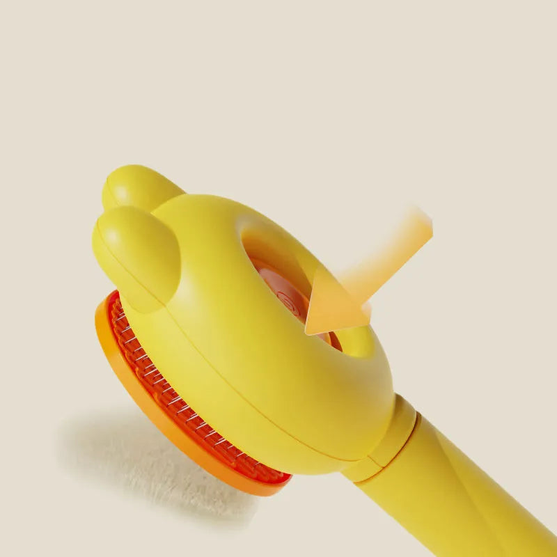 Green self-cleaning pet brush with stainless steel comb and a release button on the handle.