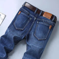 Men's summer thin straight slim stretch casual cotton trousers in blue, mid waist with zipper fly