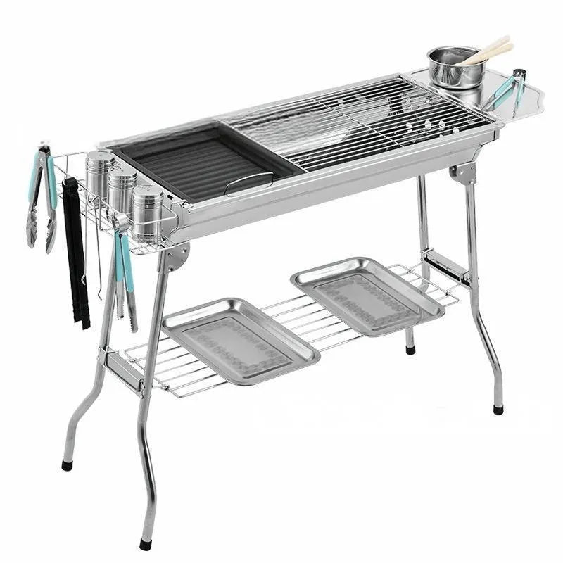 Large stainless steel portable barbecue oven with charcoal stove and turnover flip design