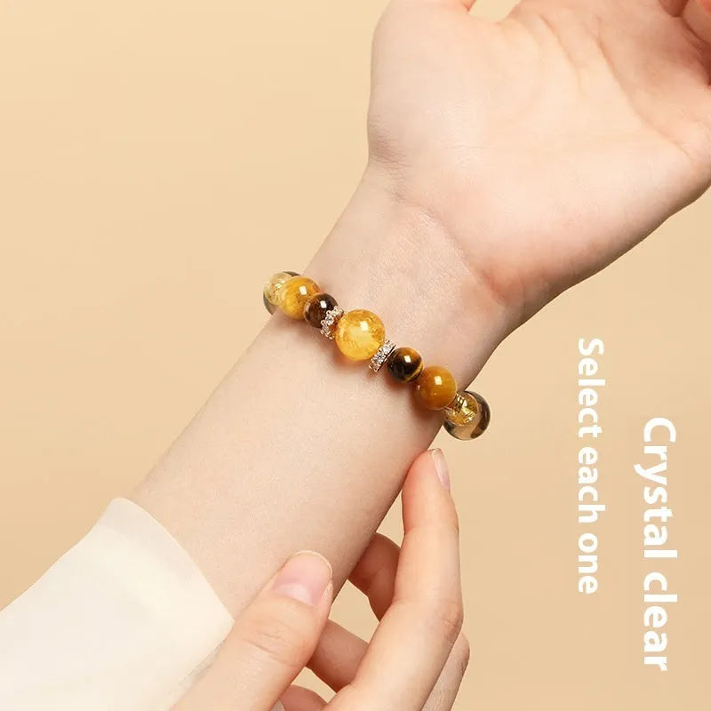 Natural yellow tower crystal and tiger-eye geometric bracelet with 10mm or 12mm bead options