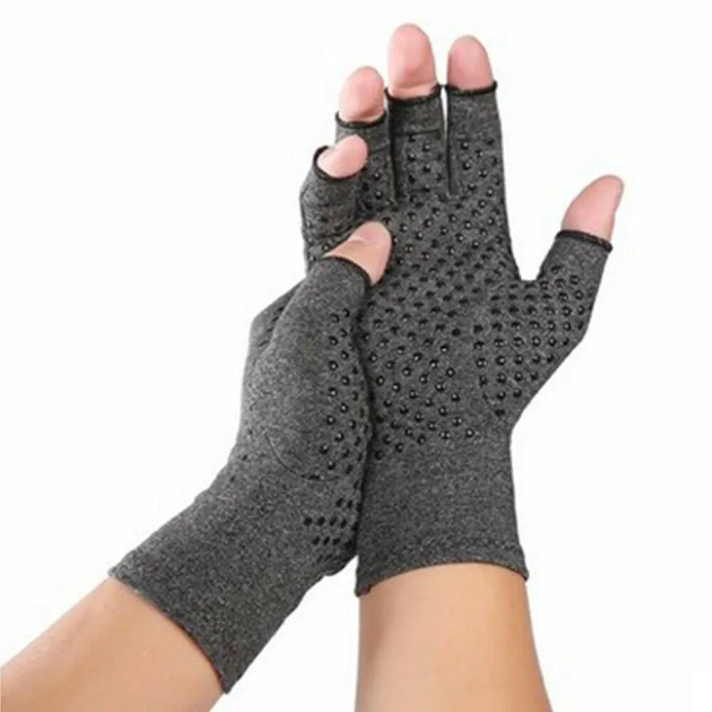 Grey half-finger compression gloves with anti-slip silicone dots on palms