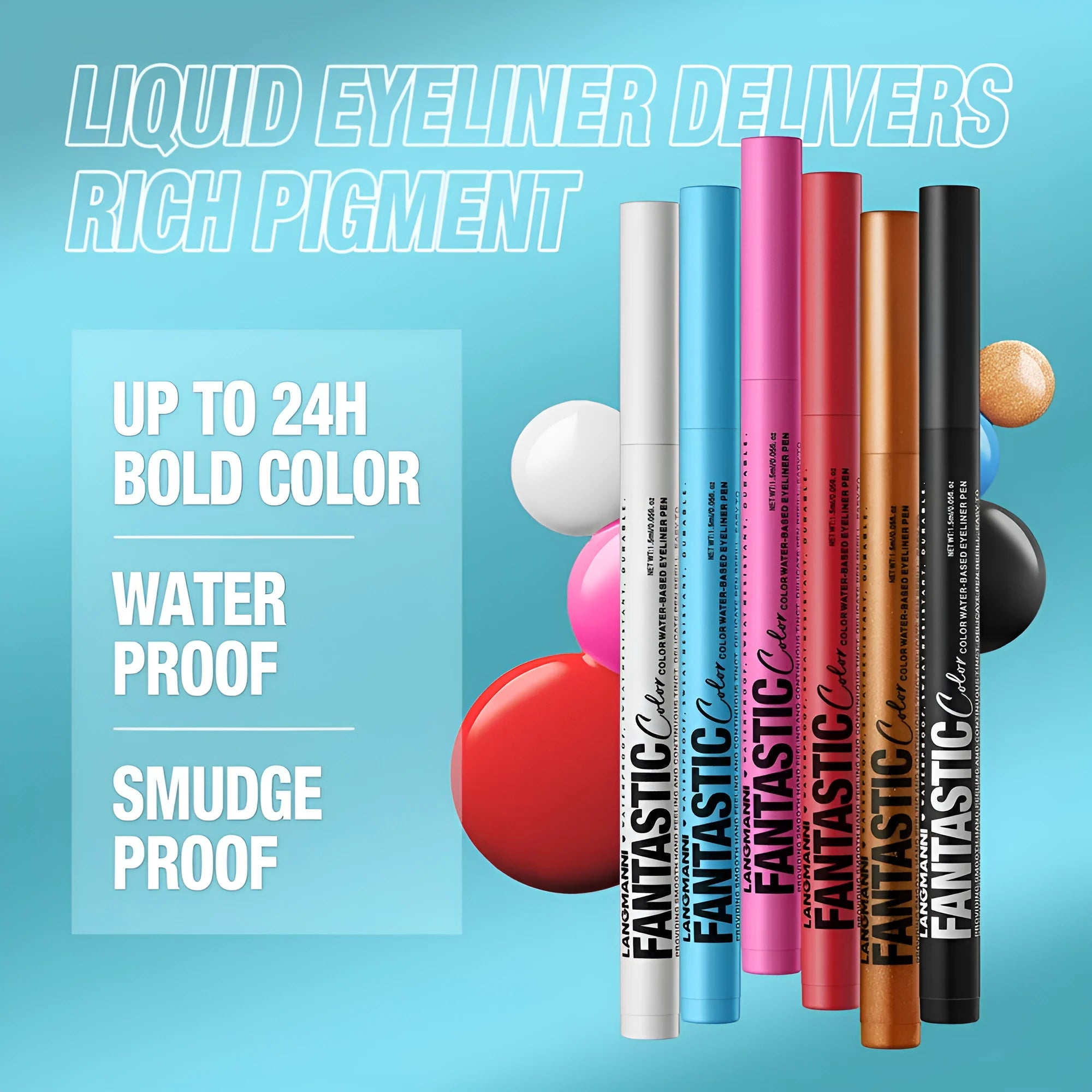 Twelve matte liquid eyeliners in different colours including white, gold, purple, brown, blue, and iron gray